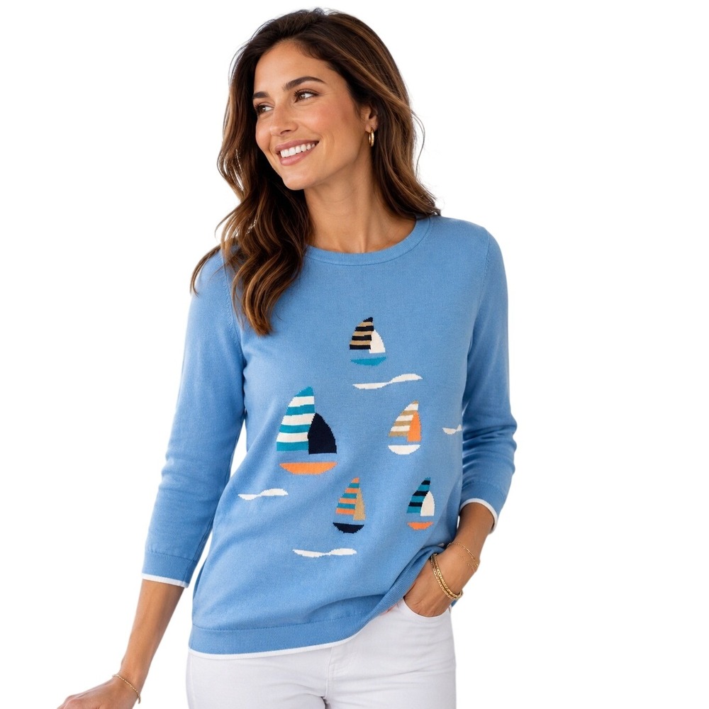 Lands' End Supima Cotton Sailboat Sweater Women's S Blue Nautical